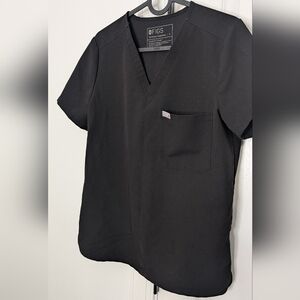 Figs Black V-Neck Short Sleeve Scrub Top with Chest Pocket